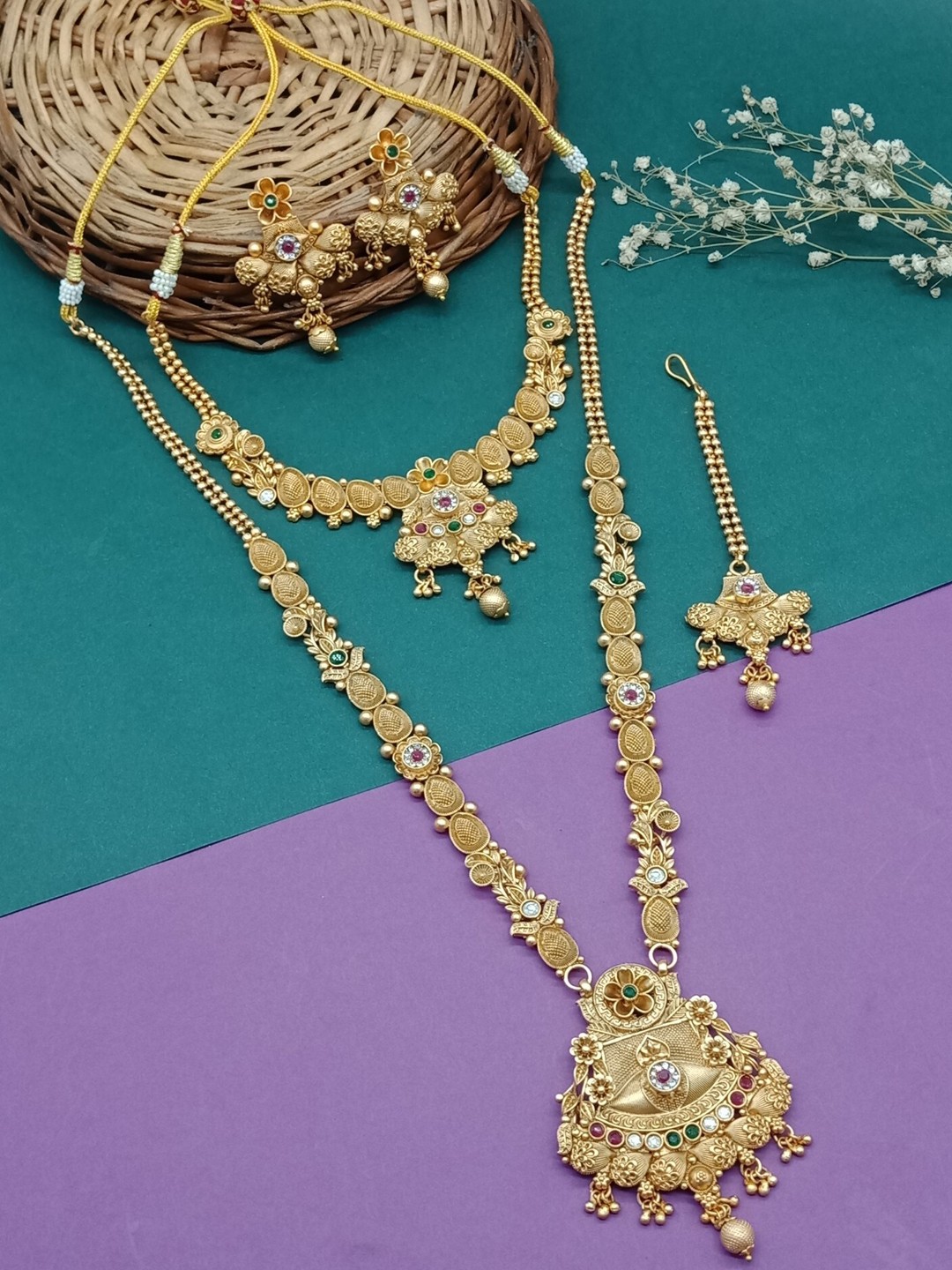 

AASHISH IMITATION Gold-Plated Kundan Studded Rajwadi Combo Jewellery Set