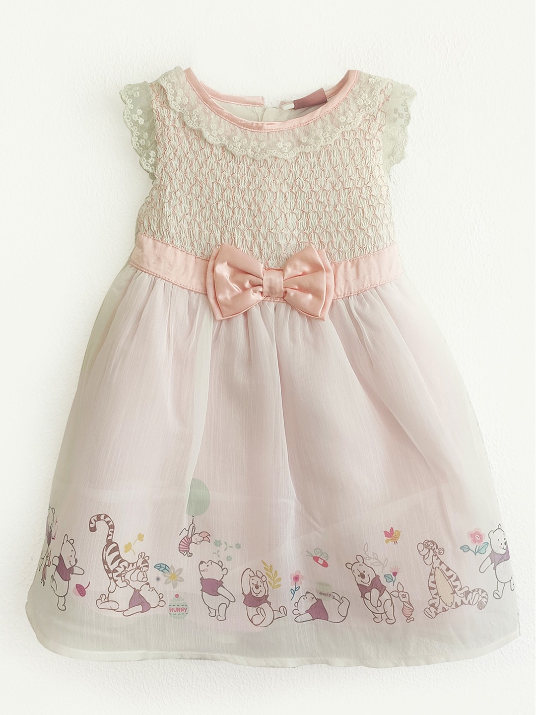 

One Friday Girls Winnie The Pooh Self Design Smocked Bow Detail Fit & Flare Dress, Pink