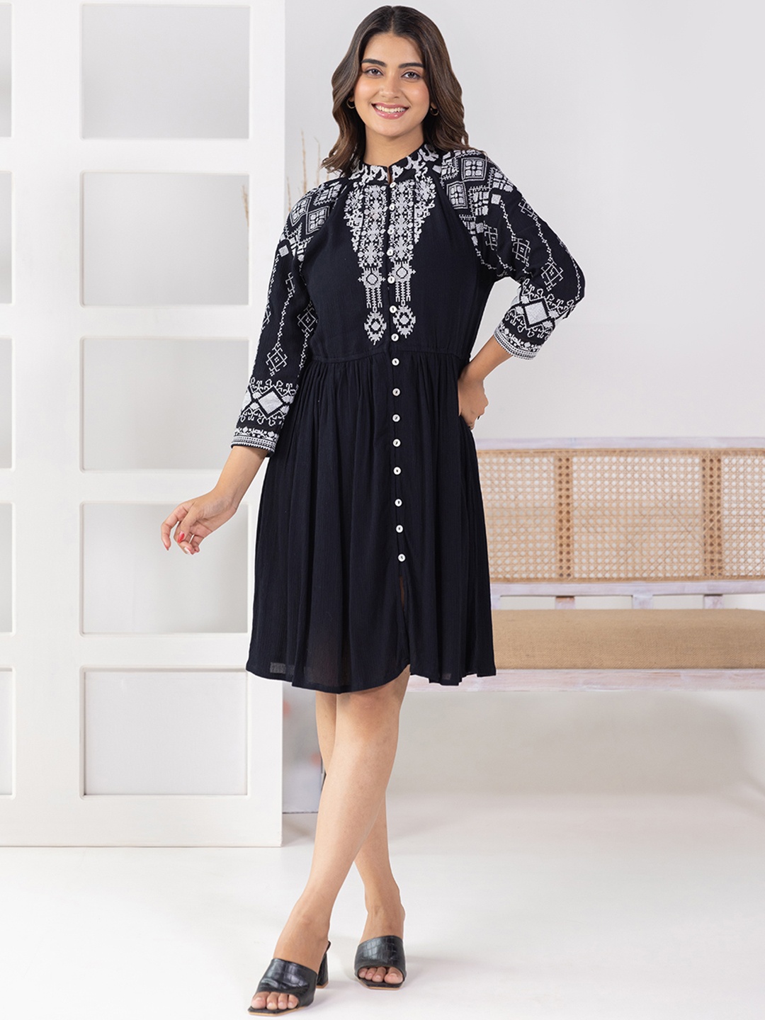 

Aadews Ethnic Motifs Embroidered Fit & Flare Dress, Navy blue