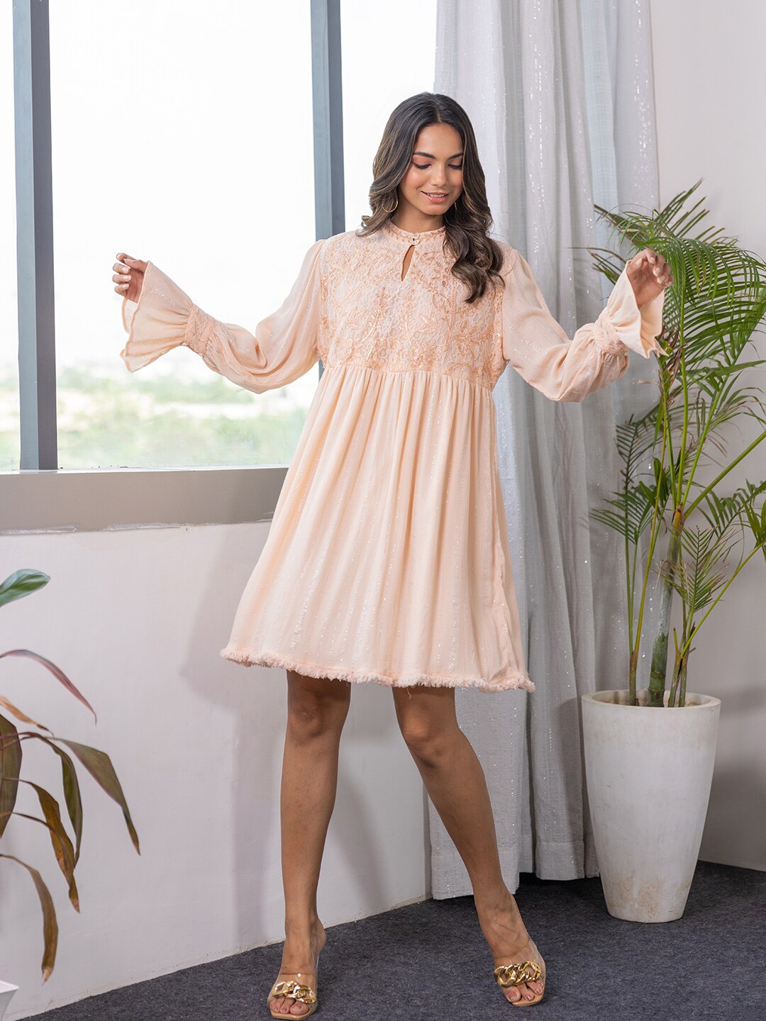 

Aadews Self Design Keyhole Neck Bell Sleeve Embellished A-Line Dress, Pink