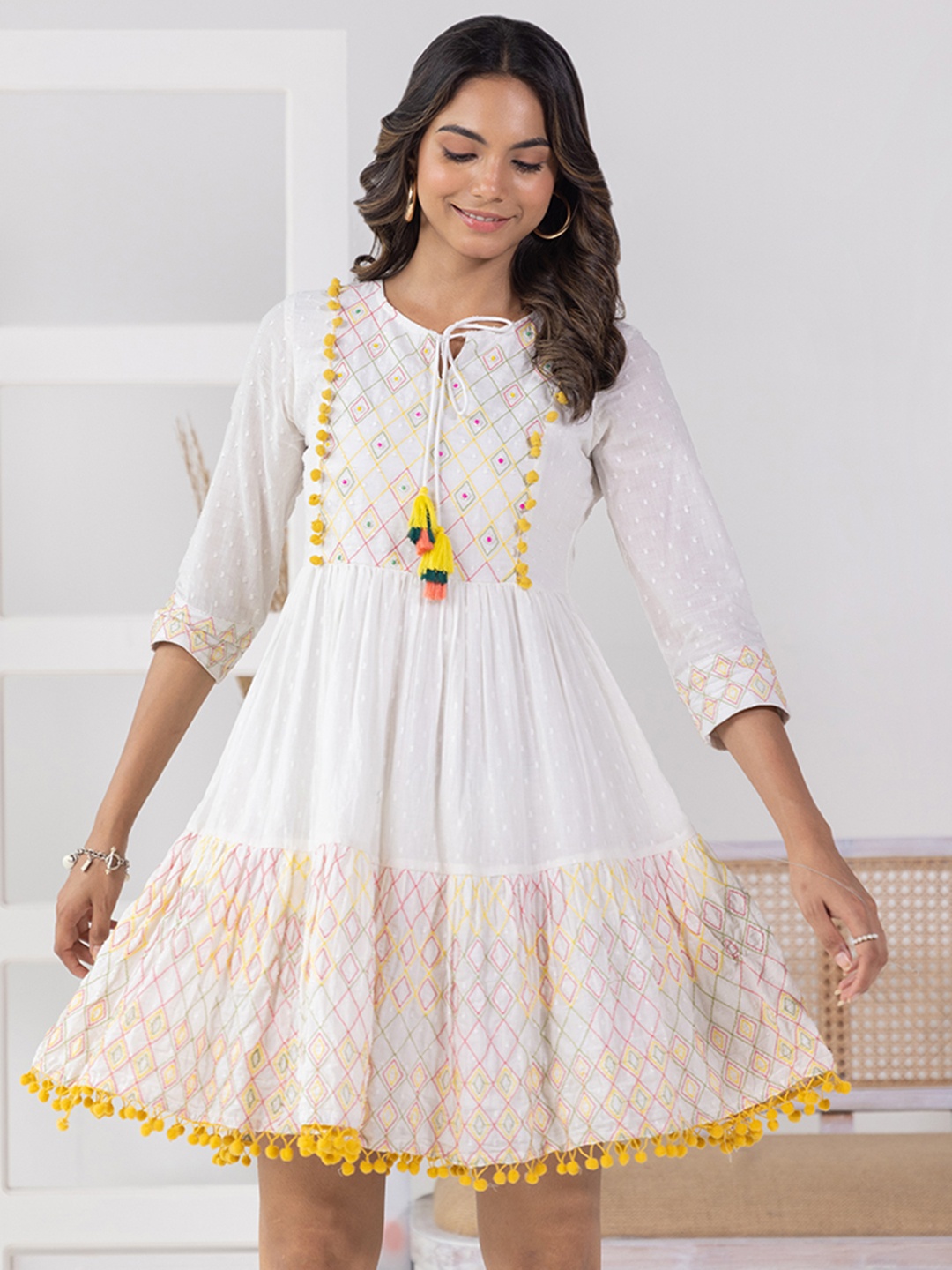 

Aadews Geometric Printed Tie-Up Neck Pom Pom & Gathered Cotton Fit & Flare Dress, White