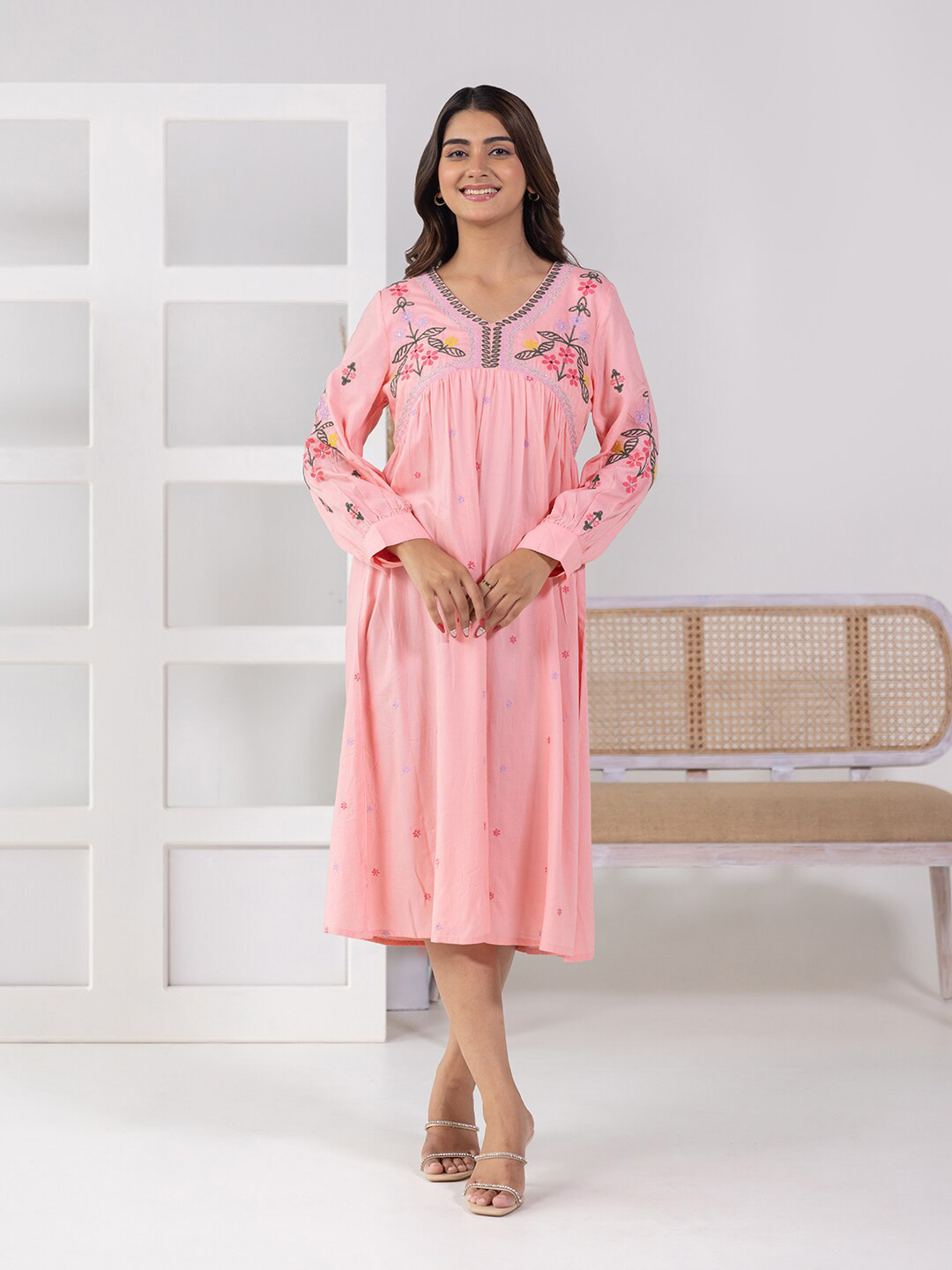 

Aadews Floral Embroidered V-Neck A-Line Midi Dress, Pink