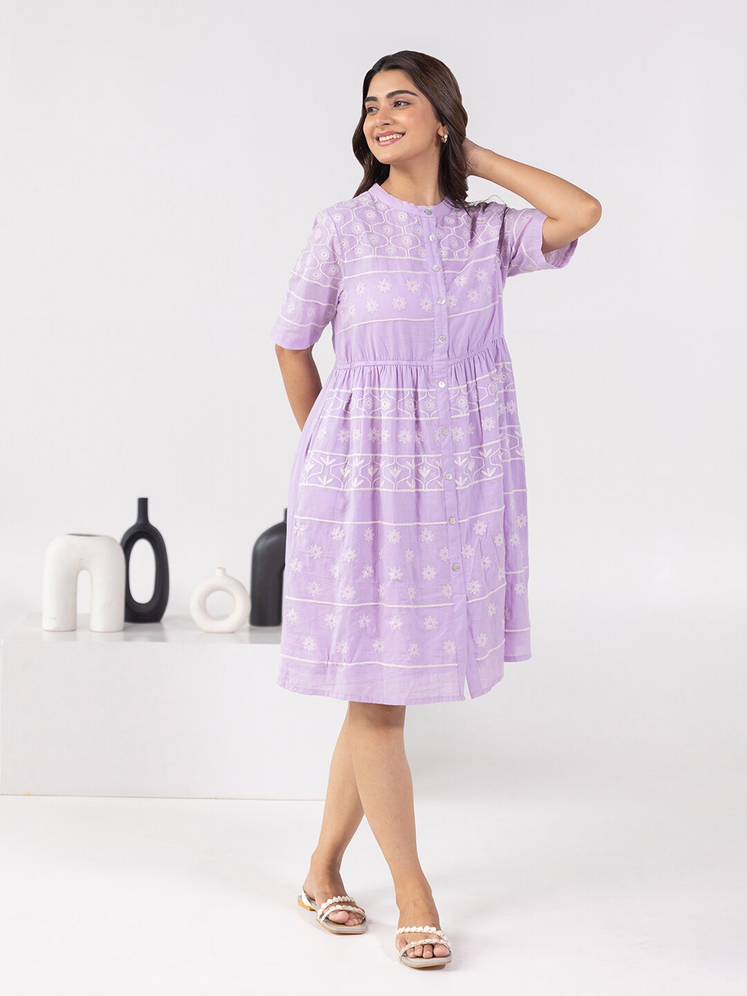 

Aadews Floral Embroidered Band Collar Cotton Fit & Flare Dress, Purple