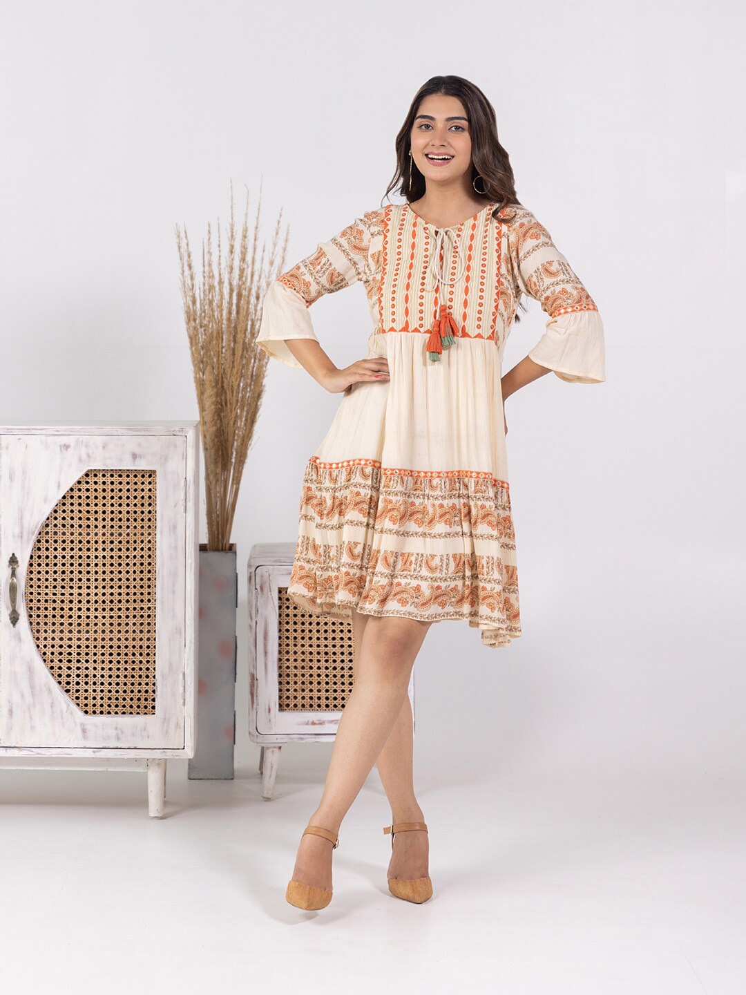

Aadews Ethnic Motifs Printed Tie-Up Neck Fit & Flare Dress, Cream