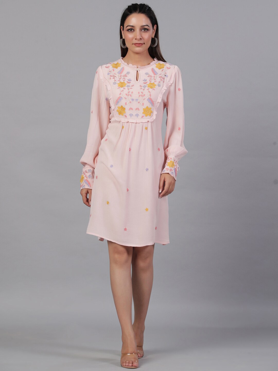 

Aadews Floral Embroidered Keyhole Neck Cuffed Sleeve Gathered A-Line Dress, Pink