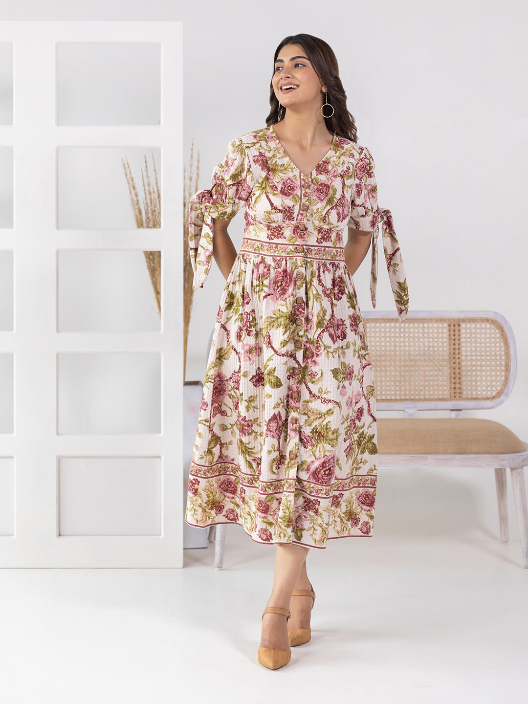 

Aadews Floral Printed V-Neck Puff Sleeve A-Line Midi Dress, Beige