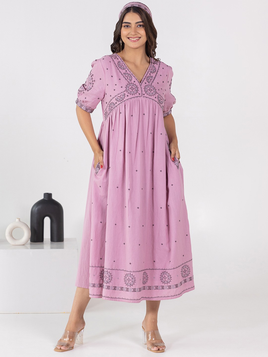 

Aadews Ethnic Embroidered Cotton Fit & Flare Dress, Pink