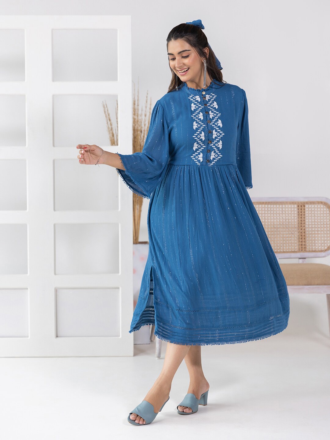 

Aadews Mandarin Collar Flared Sleeve Embroidered A-Line Midi Dress, Blue