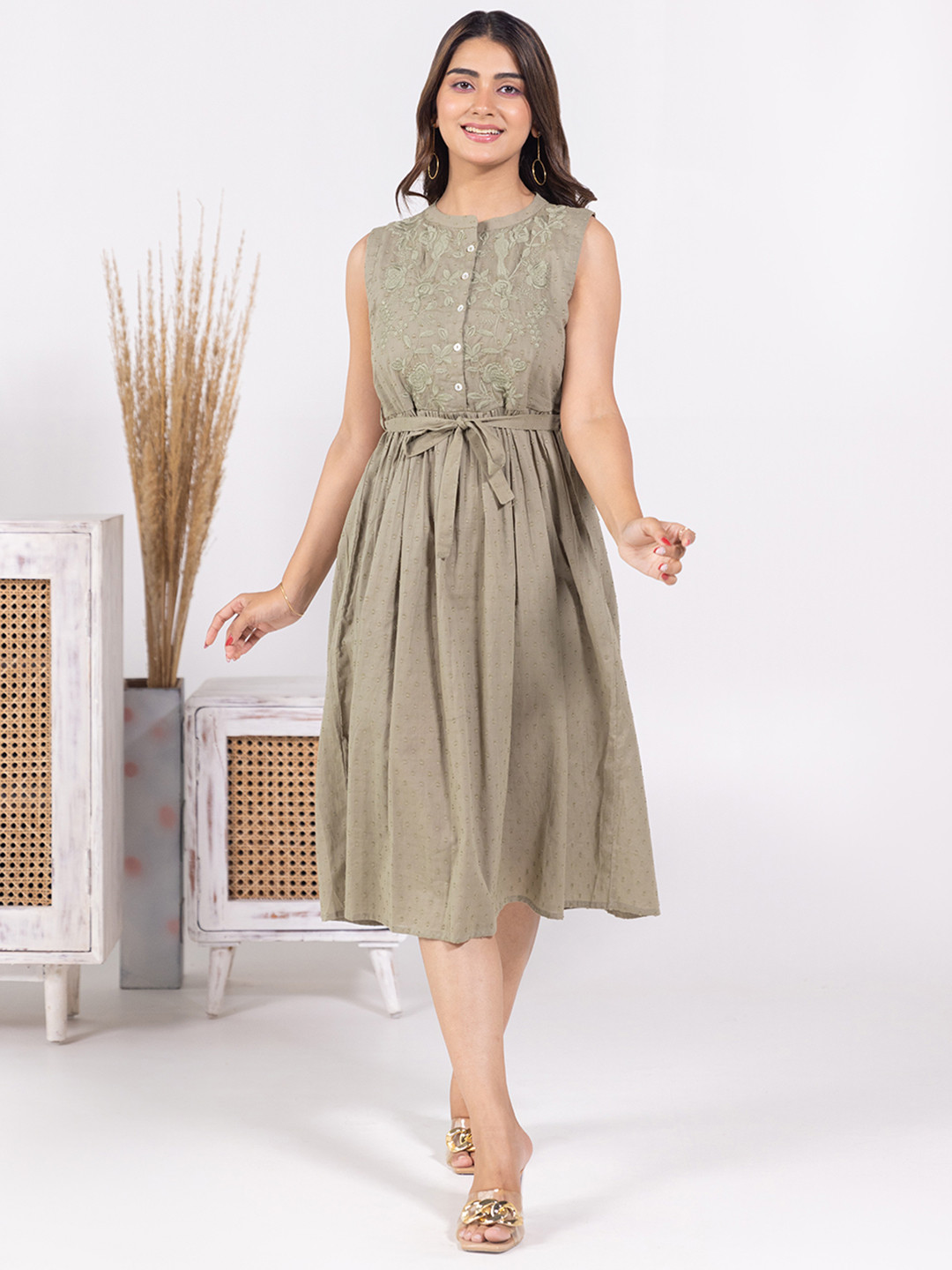 

Aadews Floral Embroidered Mandarin Collar Gathered Cotton Fit & Flare Midi Dress, Green