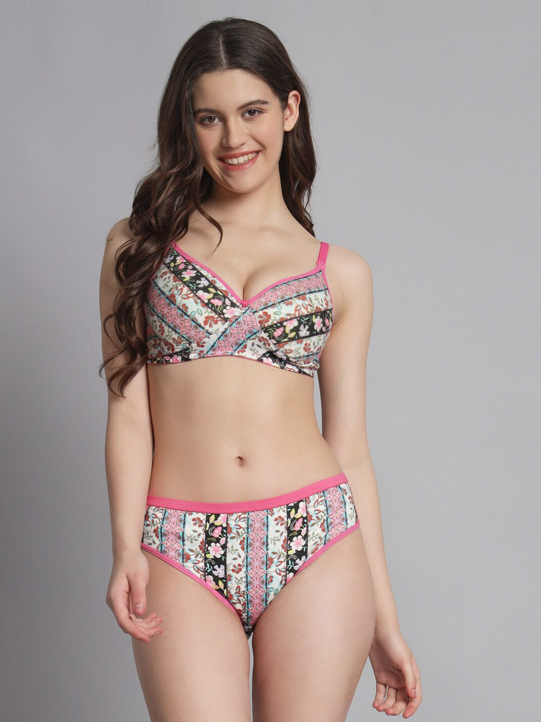 

Extoes Lightly Padded Printed Cotton Lingerie Set, Black