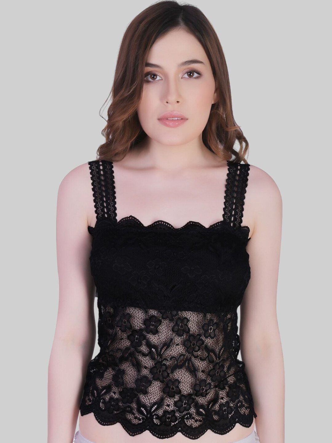 

PLUMBURY Self Design Laced Padded Camisoles, Black