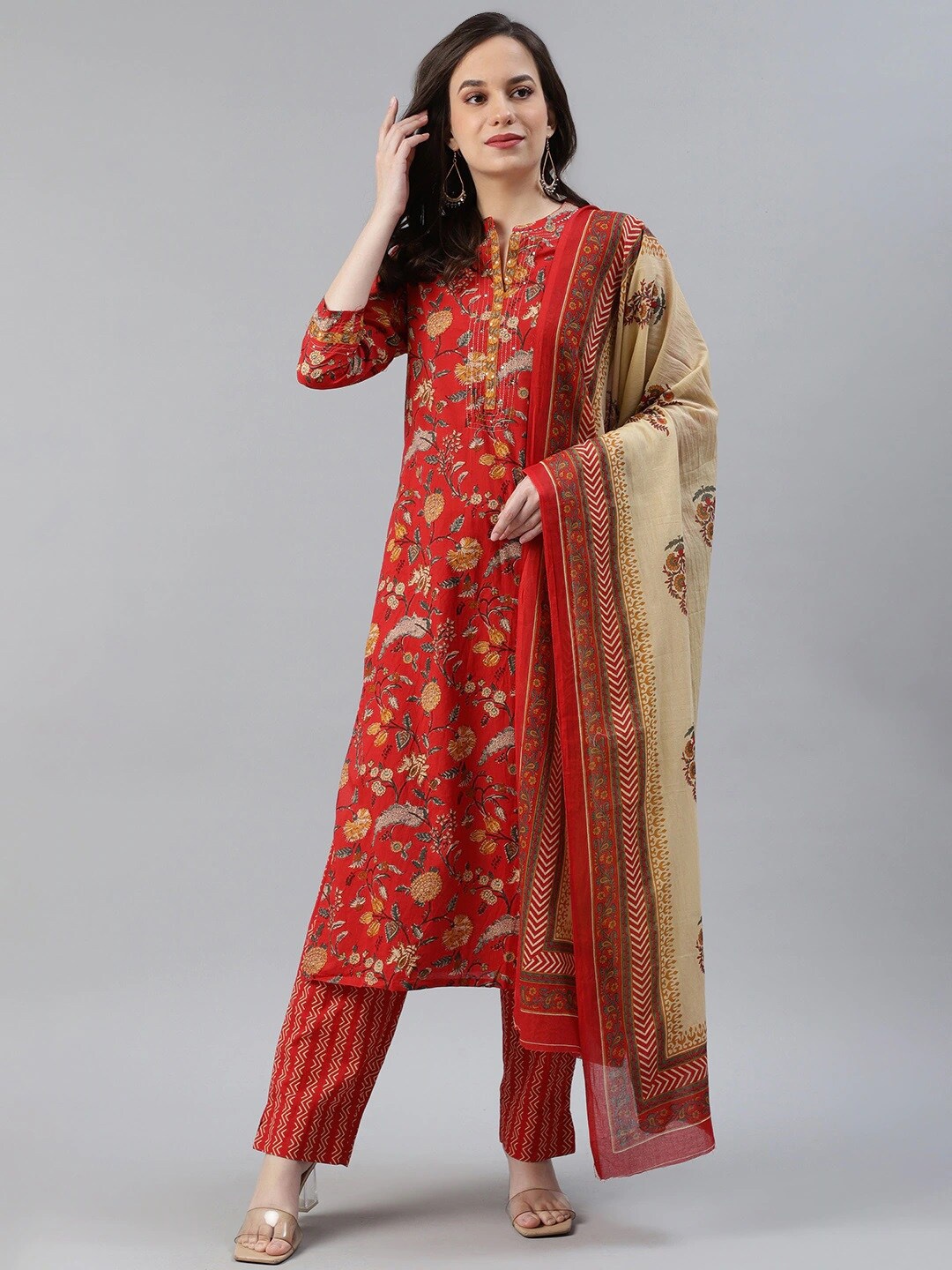 

AHIKA Floral Printed Sequinned Pure Cotton Kurta With Trousers & With Dupatta, Red