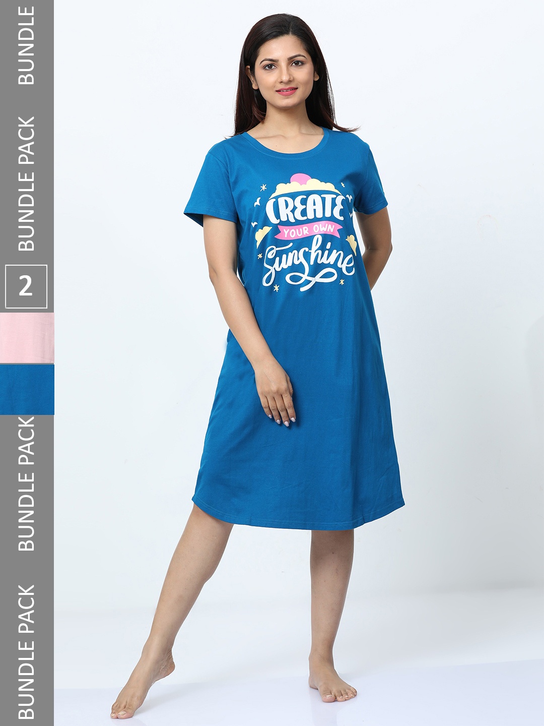 

9shines Label Pack of 2 Typography Printed Pure Cotton Nightdress, Blue