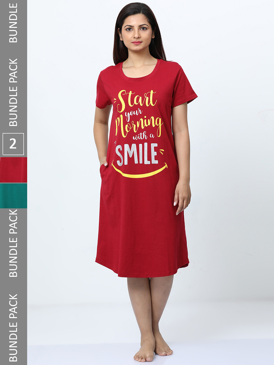 

9shines Label Pack of 2 Typography Printed Pure Cotton Nightdress, Green
