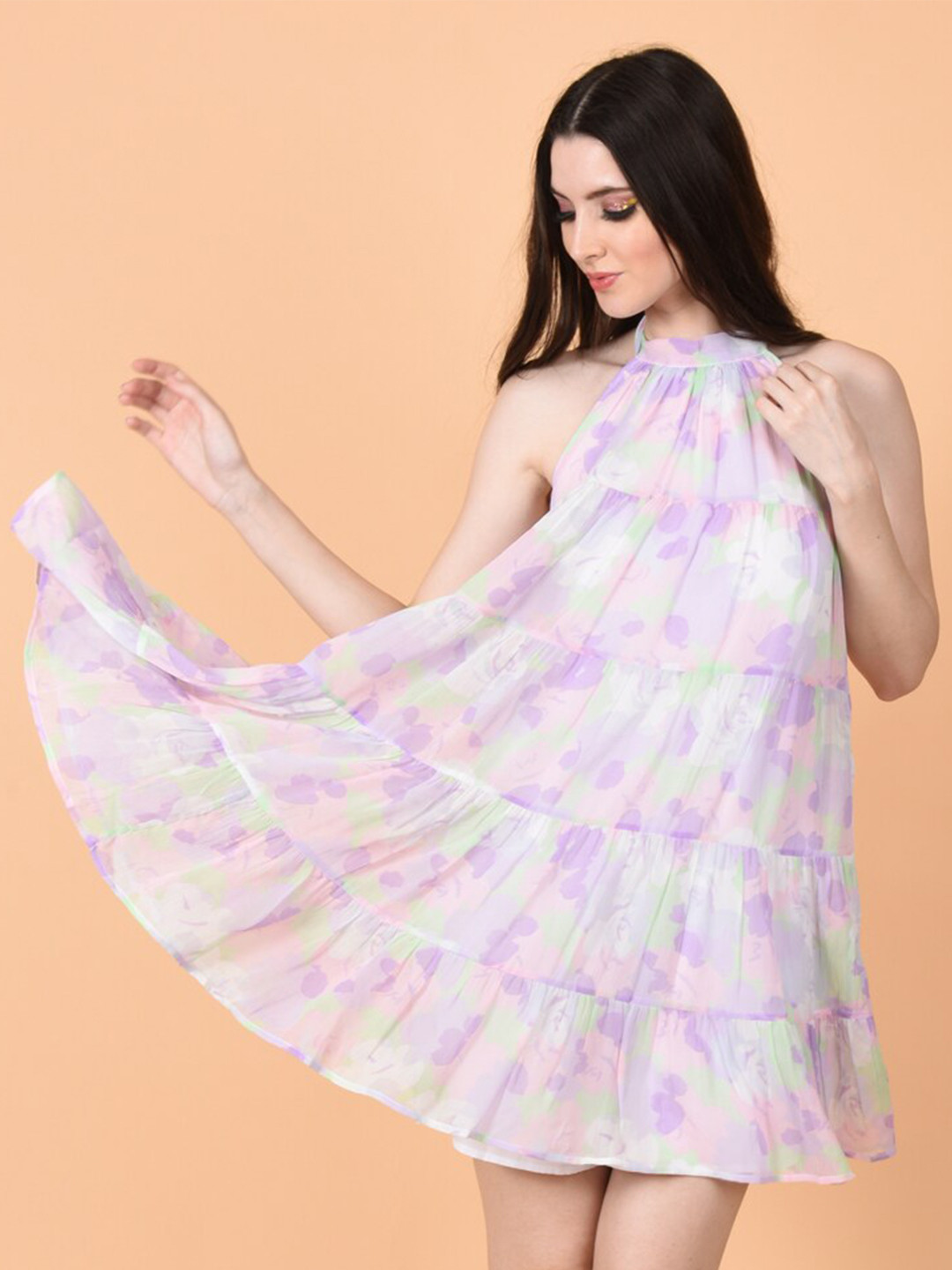 

FLAWLESS Floral Printed Halter Neck Sleeveless Chiffon A-Line Dress, Pink