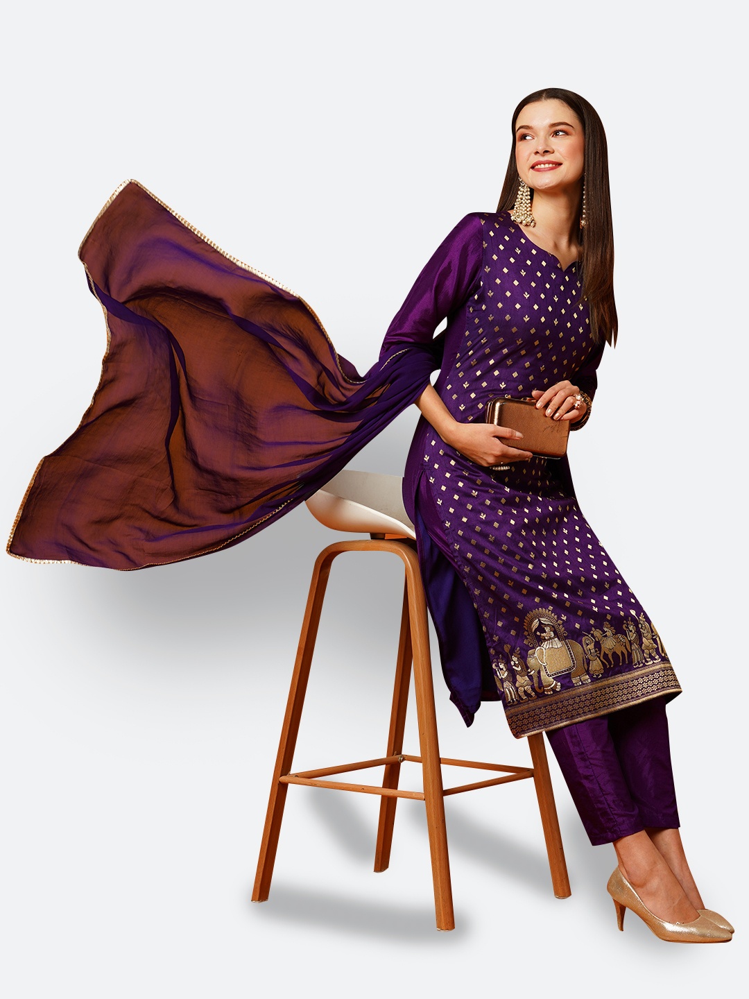 

KALINI Woven Design Zari Regular Kurta with Trousers & With Dupatta, Violet