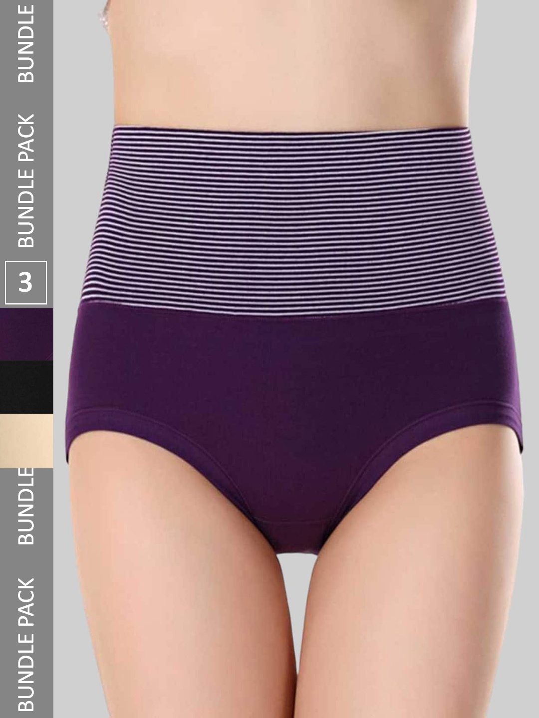 

PLUMBURY Pack Of 3 Striped High-Rise Tummy Control Brief, Black
