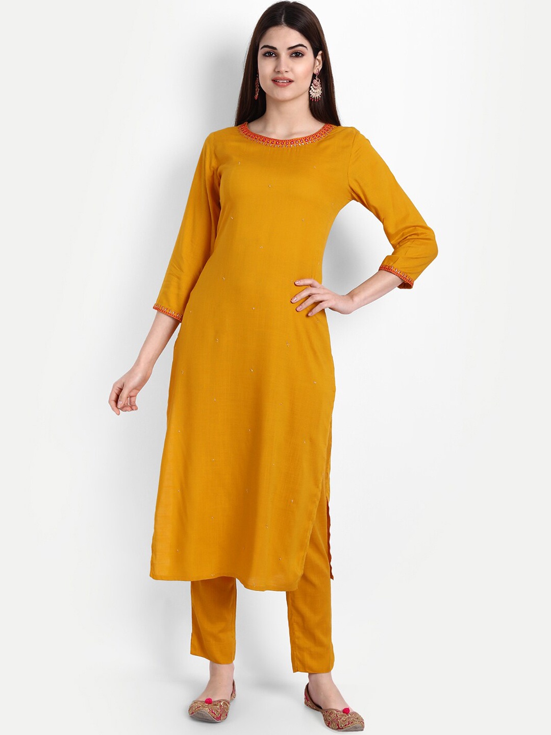 

SUTI Ethnic Motifs Embroidered Mirror Work Straight Kurta with Trousers, Mustard