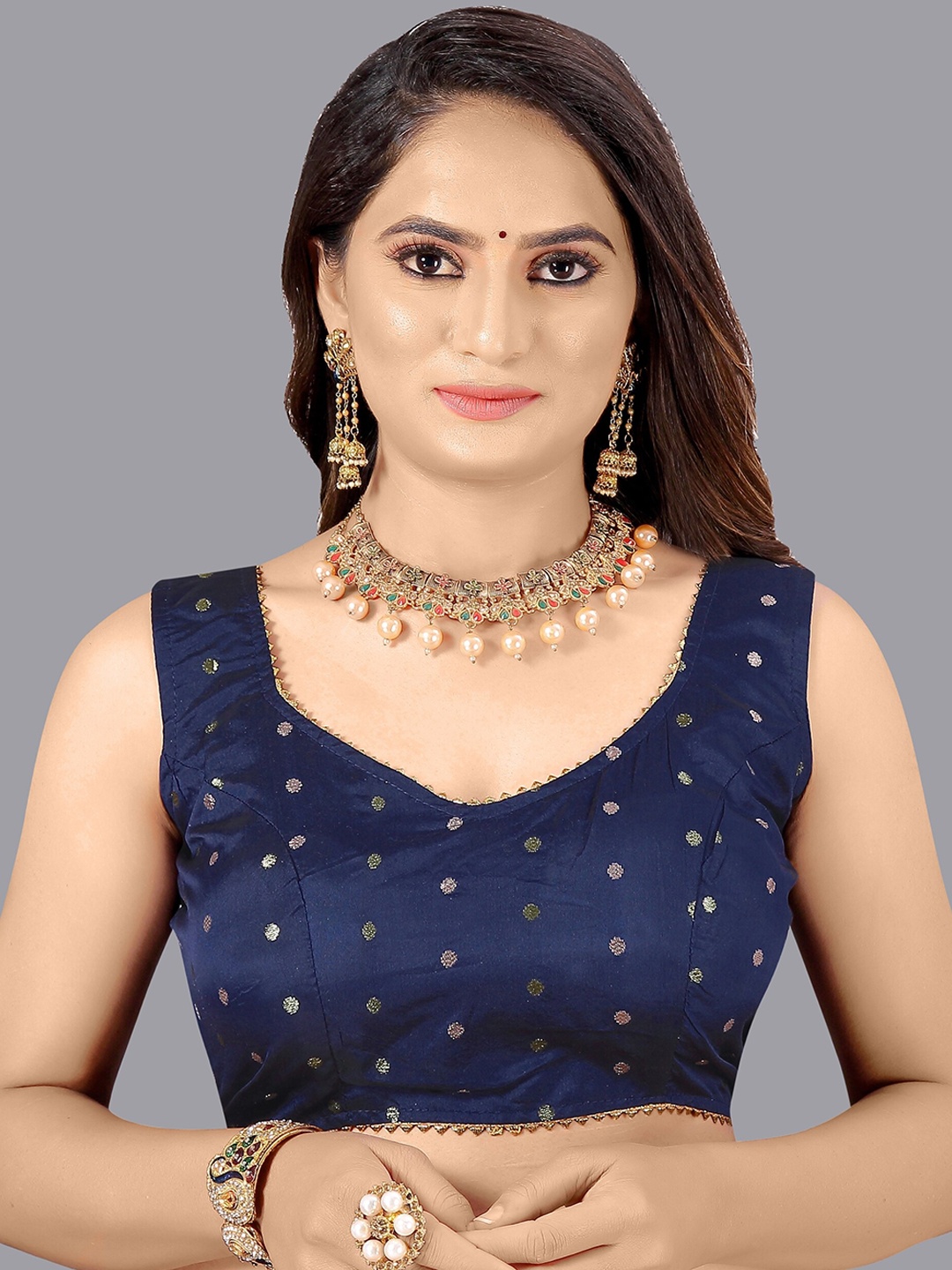 

Kiwie Ethnic Motif Woven Design Saree Blouse, Navy blue