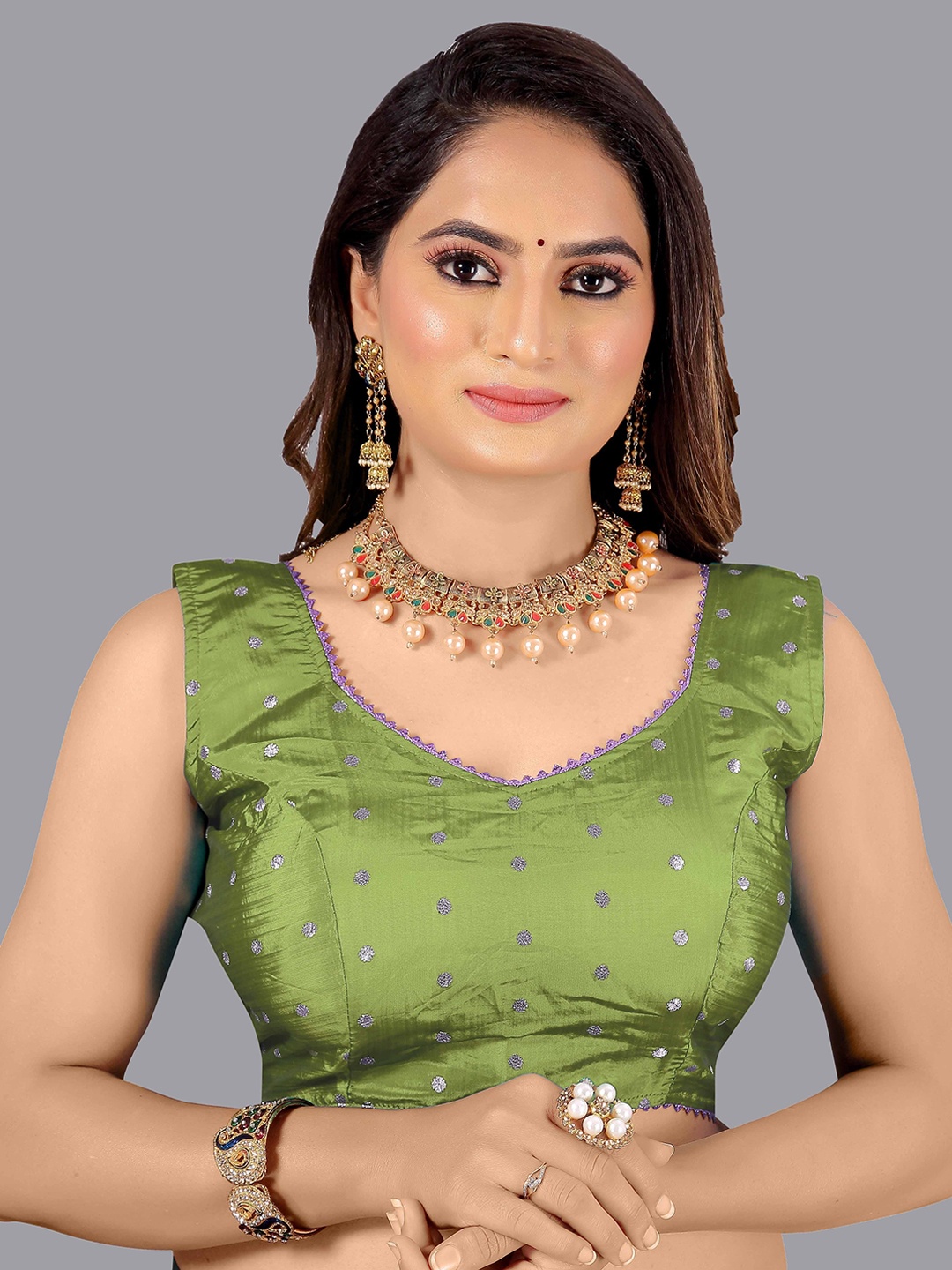 

Kiwie Ethnic Motif Woven Design Saree Blouse, Green