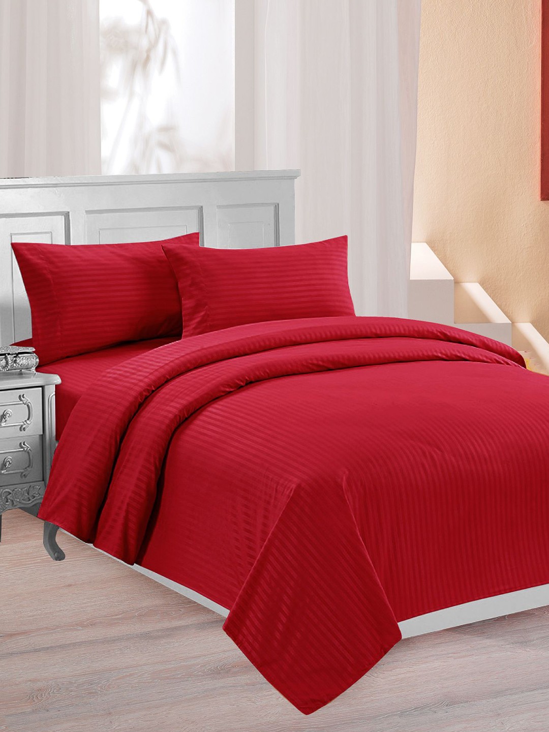 

Lali Prints Red Striped Cotton 210 TC King Bedsheet With 2 Pillow Covers