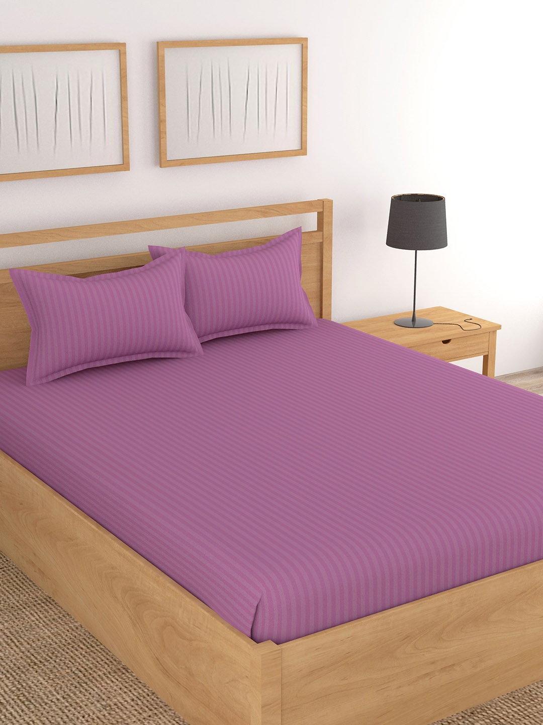 

Lali Prints Plain Purple Striped Cotton 210 TC King Bedsheet With 2 Pillow Covers