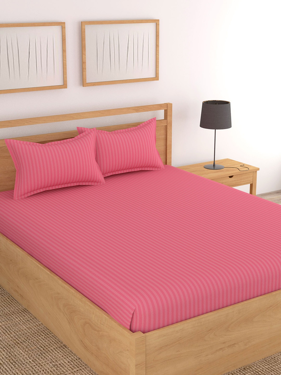 

Lali Prints Plain Pink Striped Cotton 210 TC King Bedsheet With 2 Pillow Covers