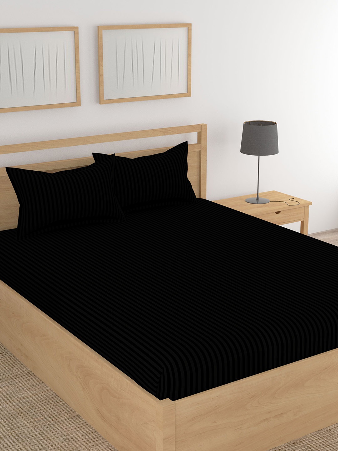 

Lali Prints Black Striped Cotton 210 TC King Bedsheet With 2 Pillow Covers