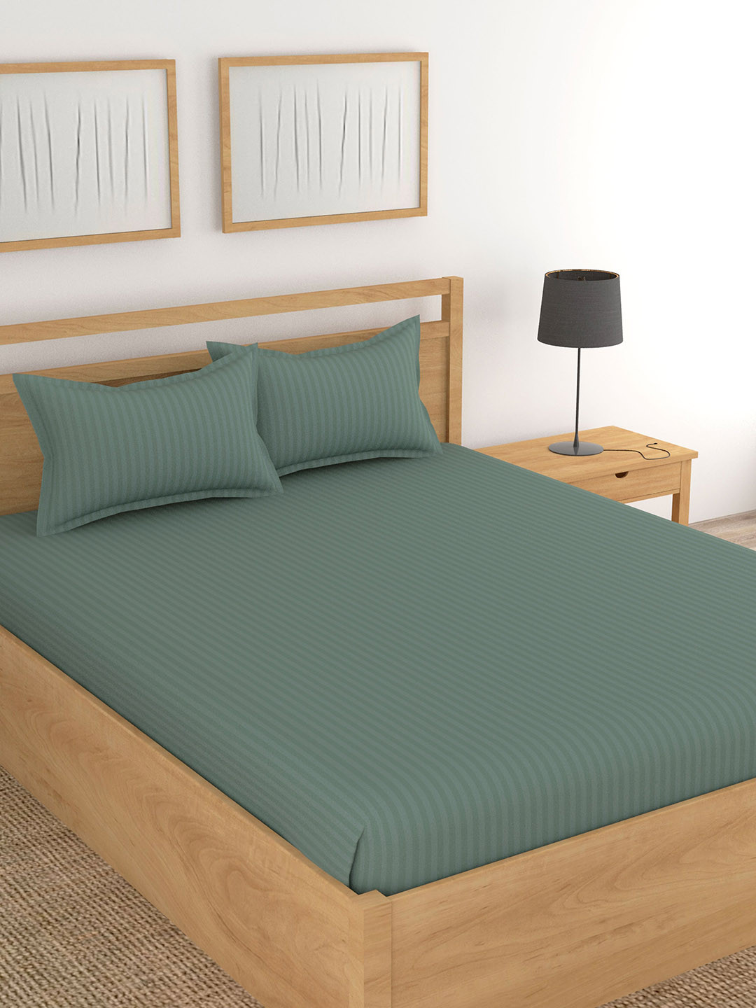 

Lali Prints Green Striped Cotton 210 TC King Bedsheet With 2 Pillow Covers
