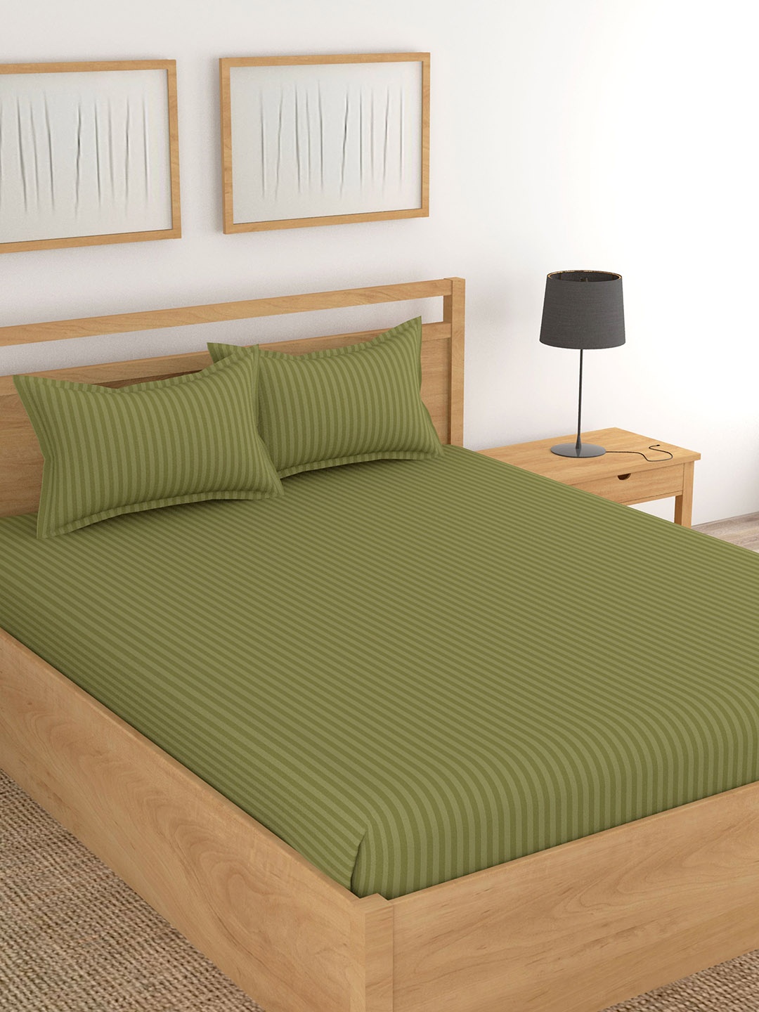 

Lali Prints Green Striped 210 TC Cotton King Bedsheet with 2 Pillow Covers