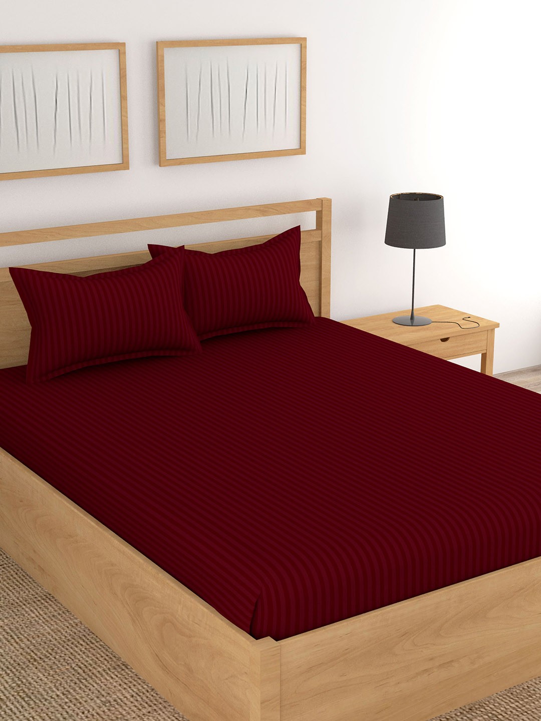 

Lali Prints Maroon Striped Cotton 210 TC King Bedsheet With 2 Pillow Covers