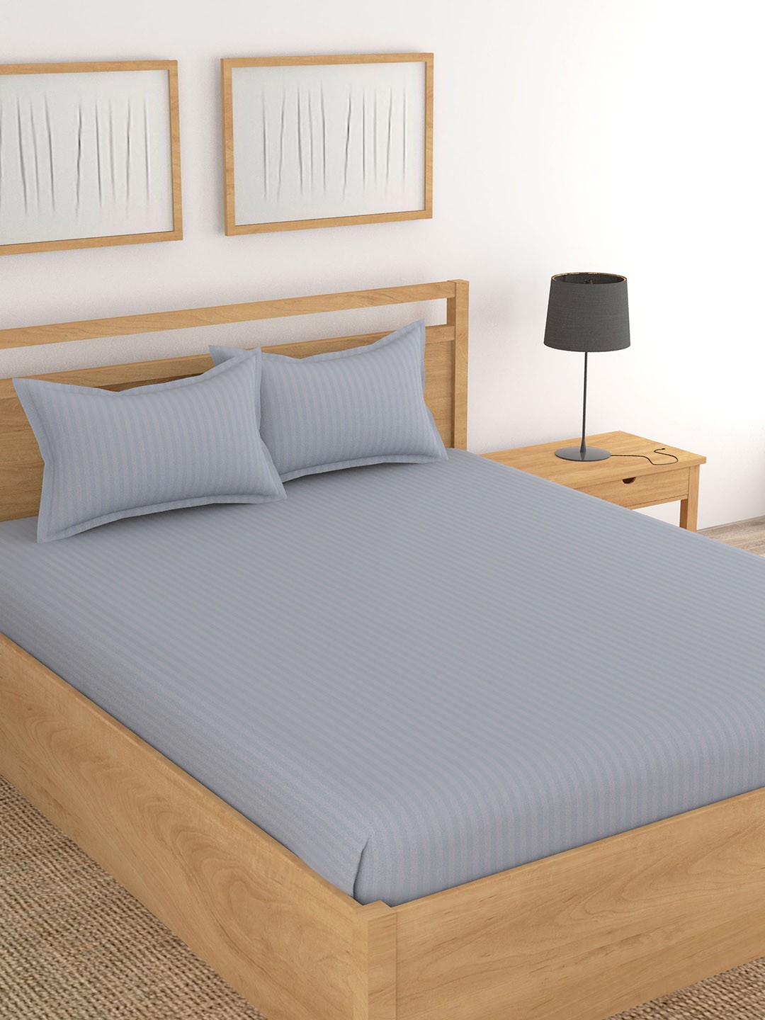 

Lali Prints Grey Striped Cotton 210 TC King Bedsheet With 2 Pillow Covers