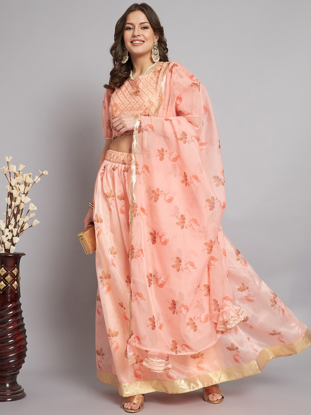 

BLACK SCISSOR Floral Printed Zari Ready To Wear Lehenga Choli, Peach