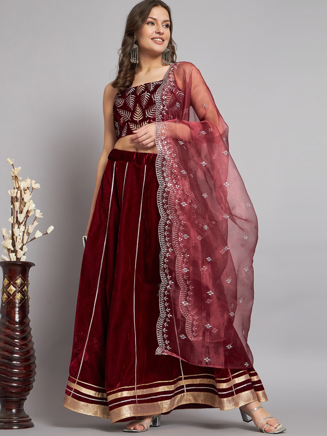 

BLACK SCISSOR Embroidered Ready to Wear Lehenga & Unstitched Blouse With Dupatta, Maroon