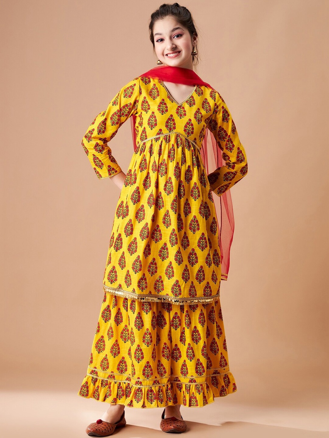 

Cherry & Jerry Girls Floral Printed Pure Cotton Empire Kurta & Sharara With Dupatta, Yellow
