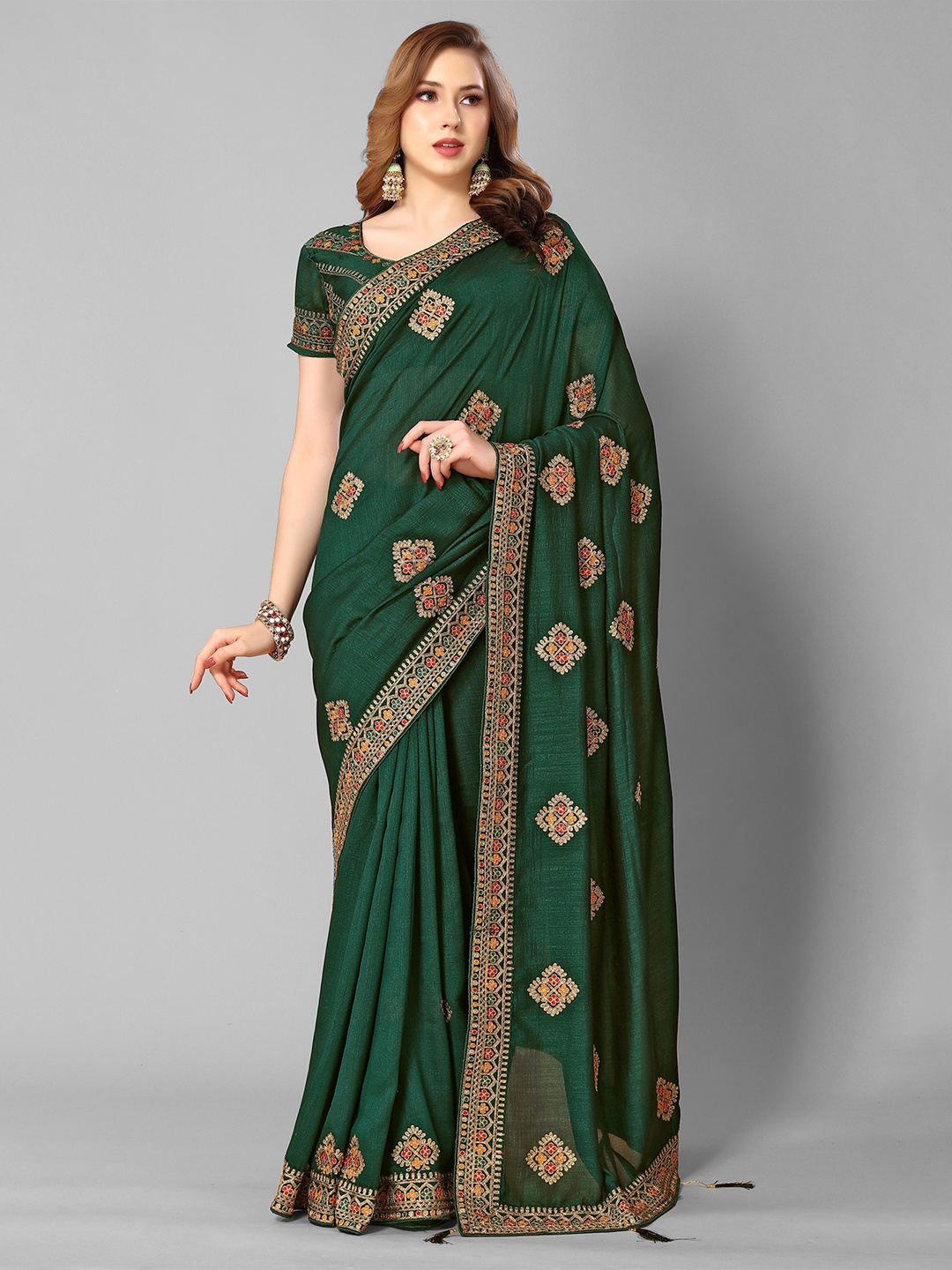 

Mitera Green & Red Ethnic Motifs Embroidered Saree