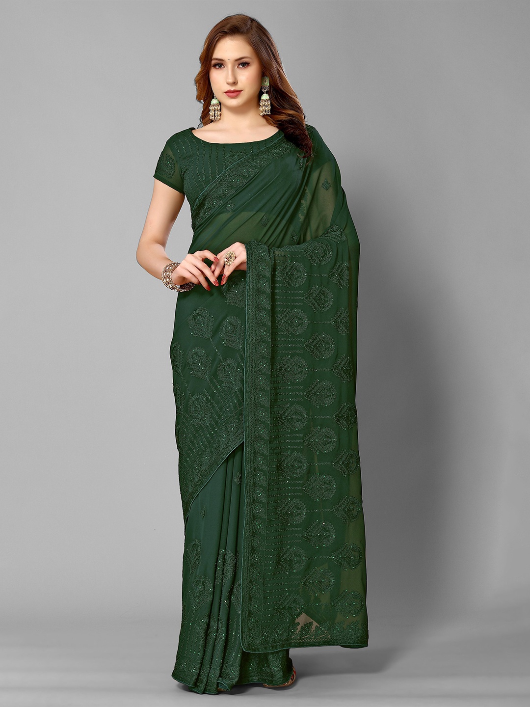 

Mitera Ethnic Motifs Embroidered Pure Georgette Saree, Green