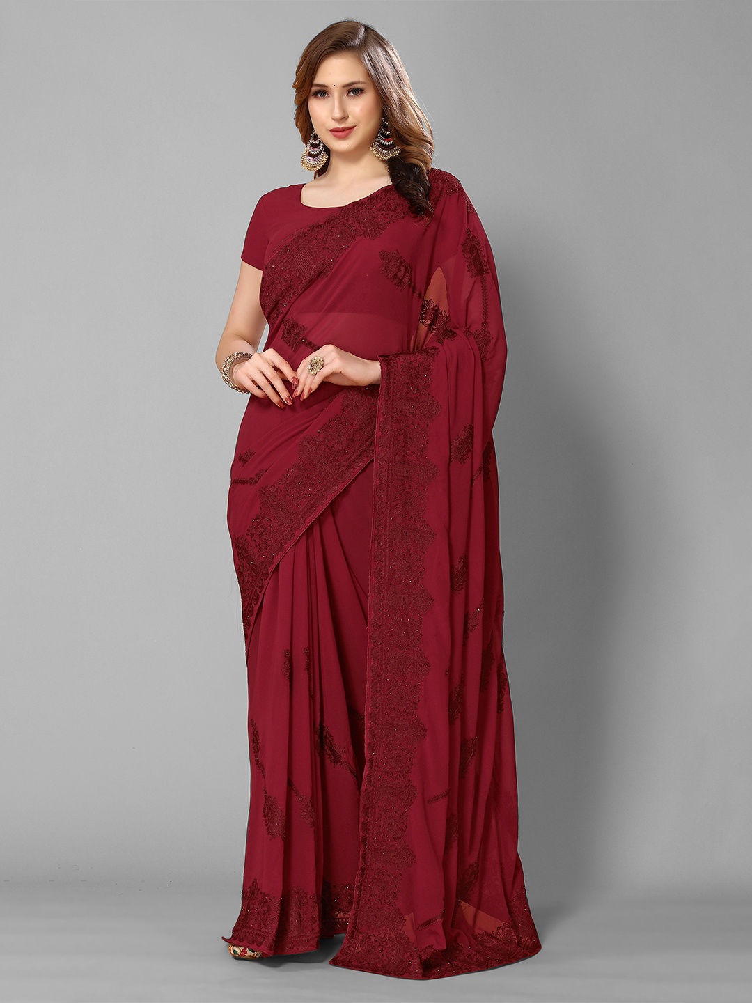 

Mitera Ethnic Motifs Embroidered Pure Georgette Saree, Maroon