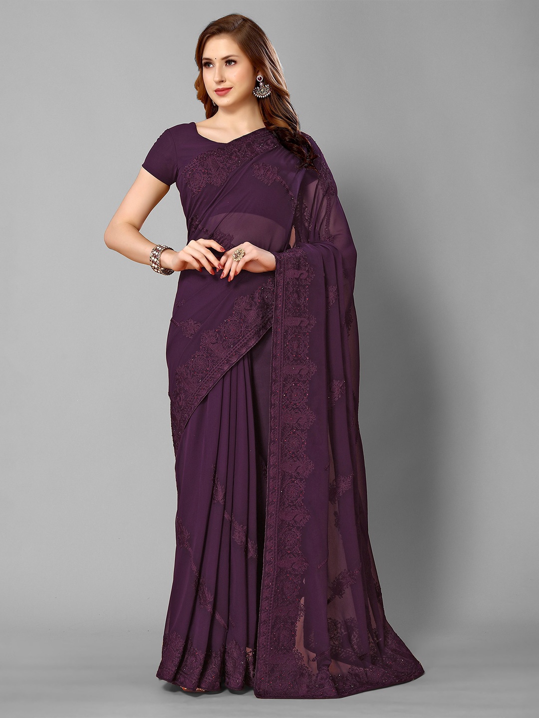 

Mitera Purple Ethnic Motifs Embroidered Pure Georgette Saree