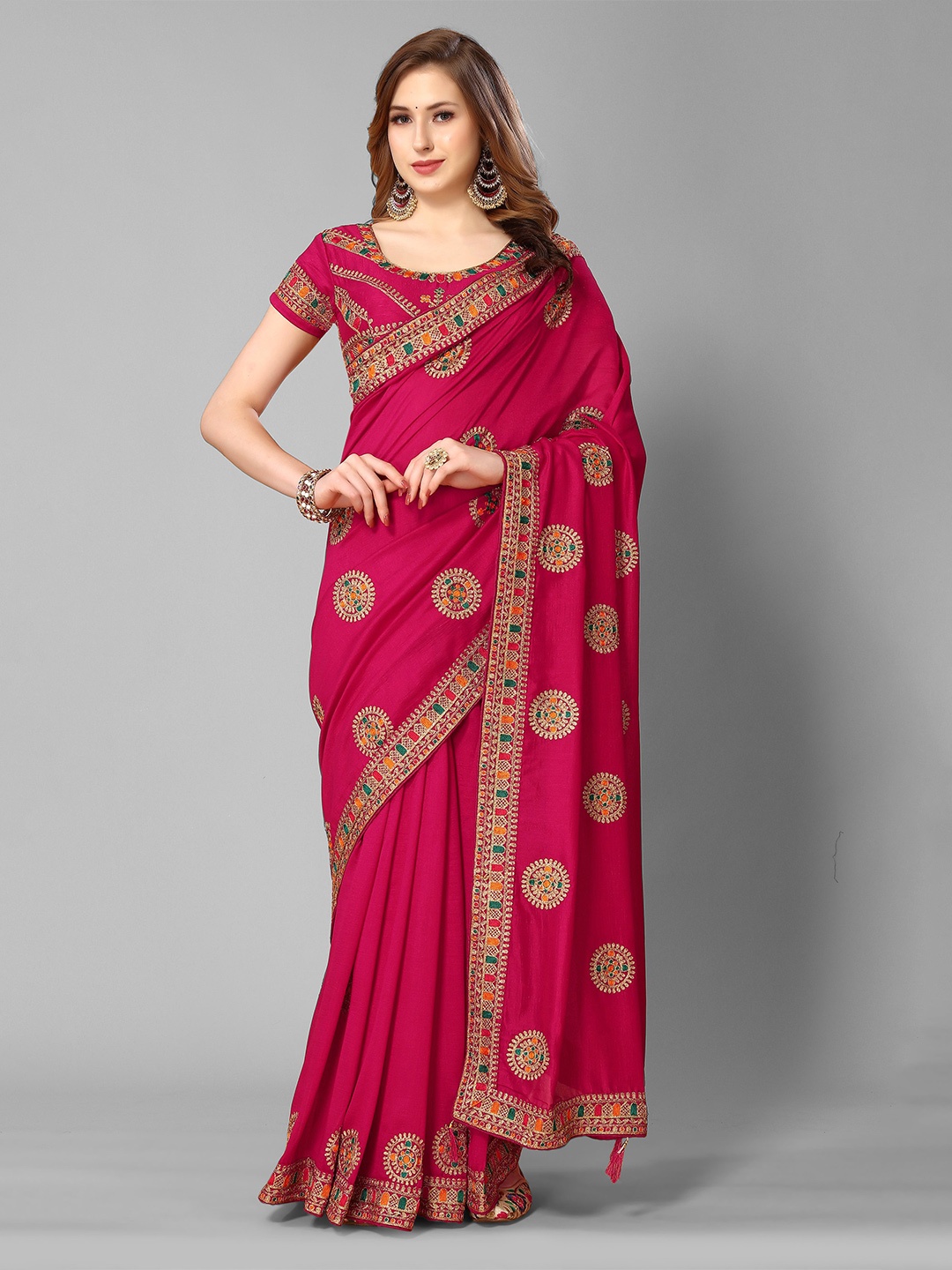 

Mitera Ethnic Motifs Embroidered Saree, Pink