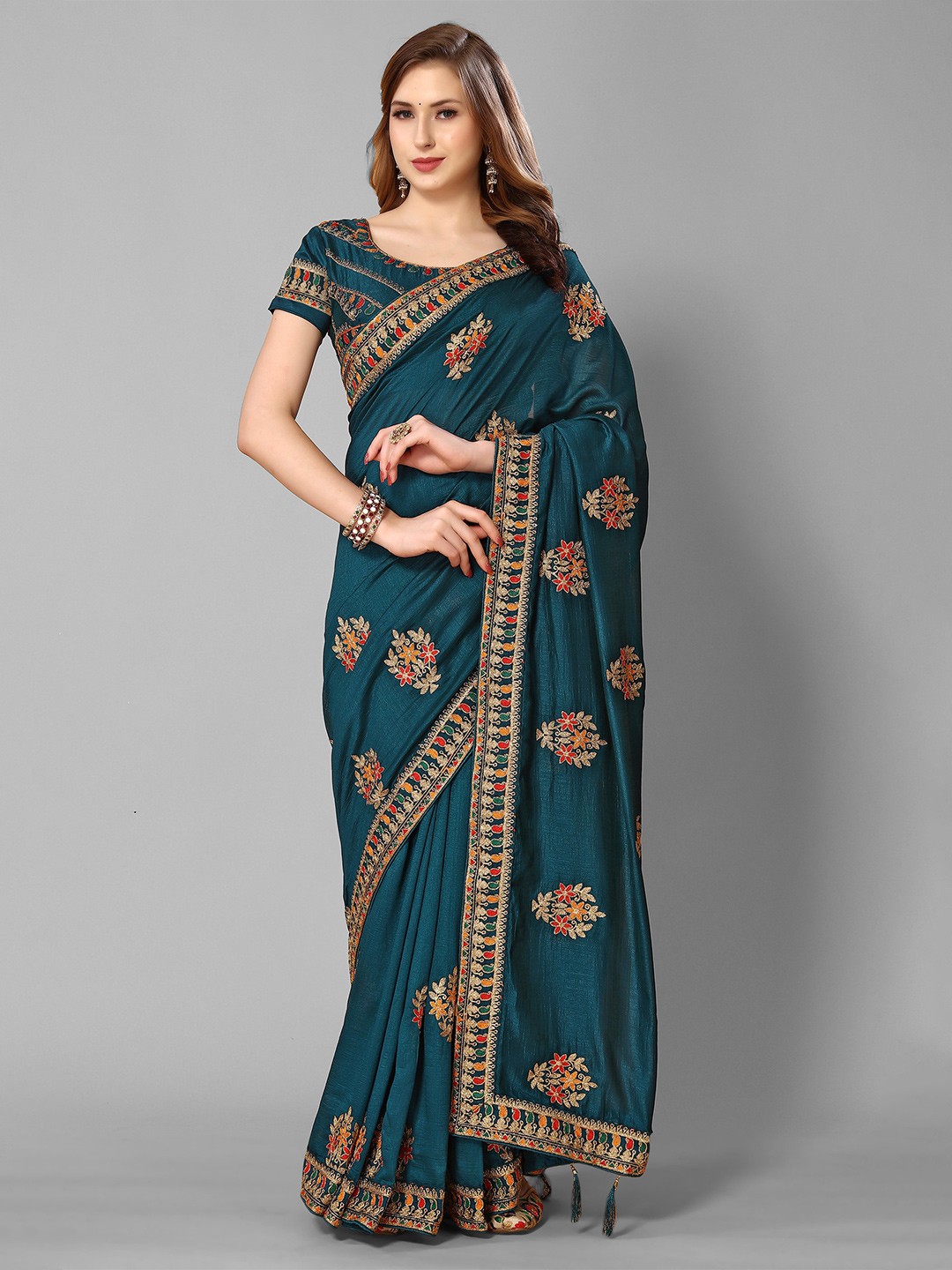 

Mitera Ethnic Motifs Embroidered Saree, Teal