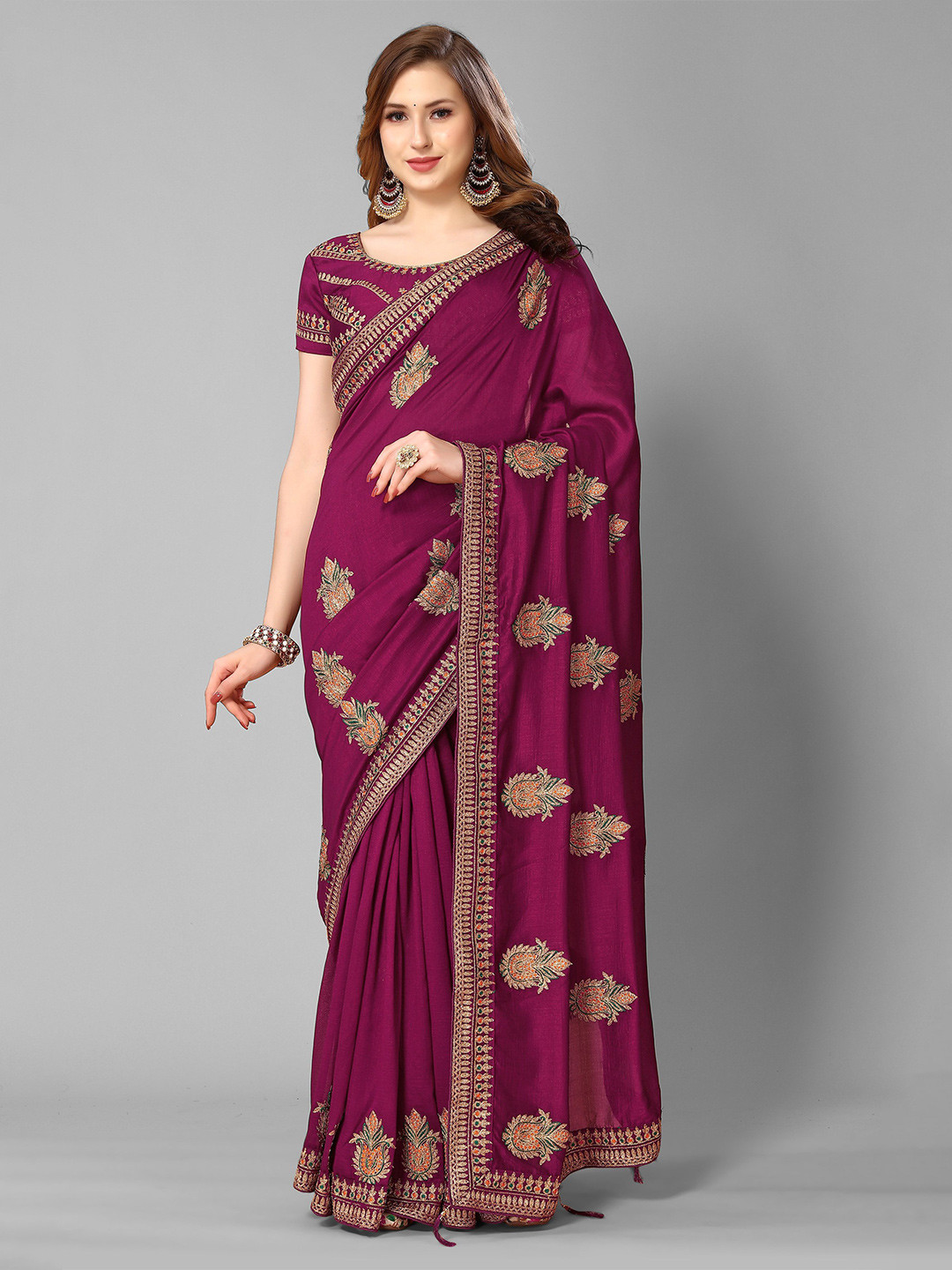

Mitera Ethnic Motifs Embroidered Saree, Purple