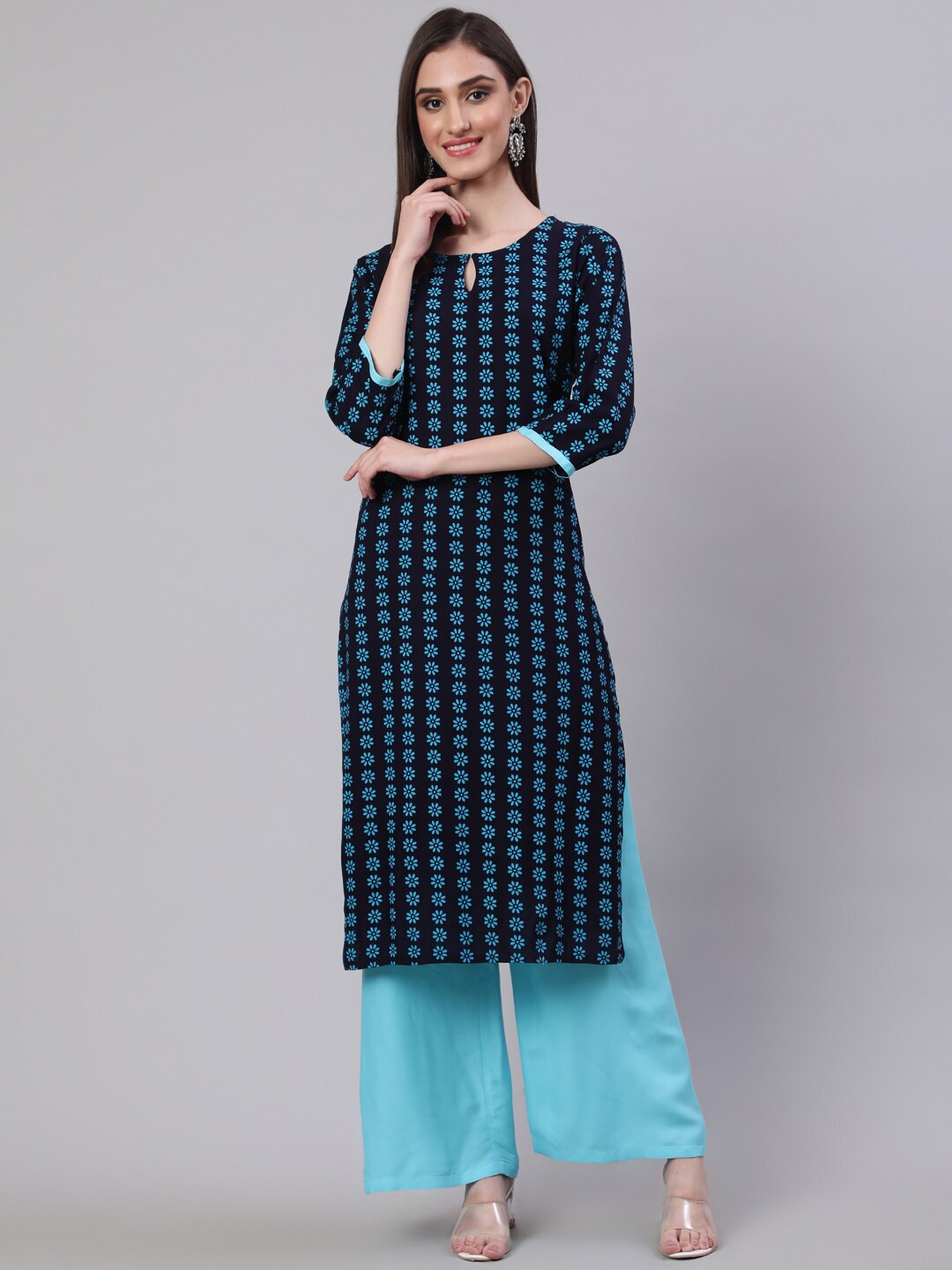 

SAK JAIPUR Floral Printed Keyhole Neck Regular Kurta With Palazzos, Black