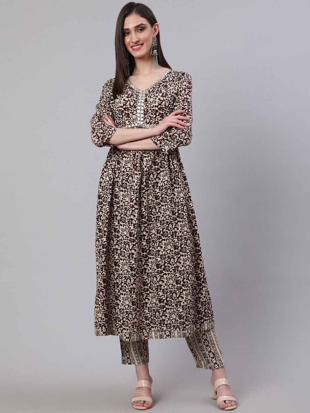 

SAK JAIPUR Floral Printed Mirror Work A-Line Kurta With Trousers, Beige