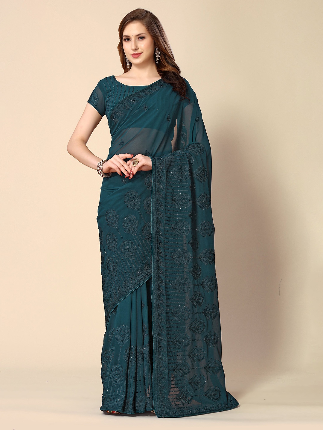 

all about you Ethnic Motifs Embroidered Pure Georgette Saree With Blouse Piece, Teal