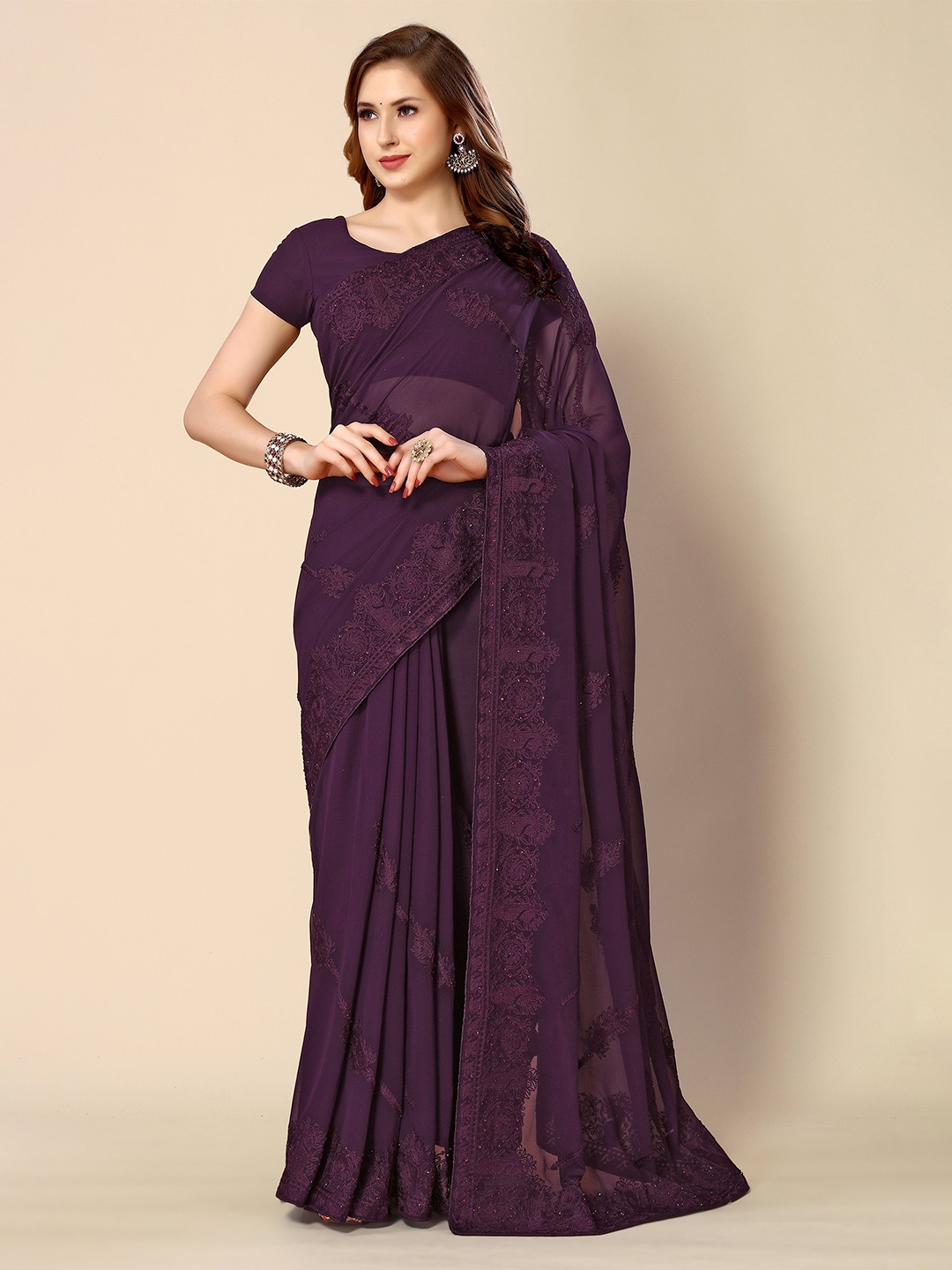 

all about you Ethnic Motifs Embroidered Pure Georgette Saree, Purple