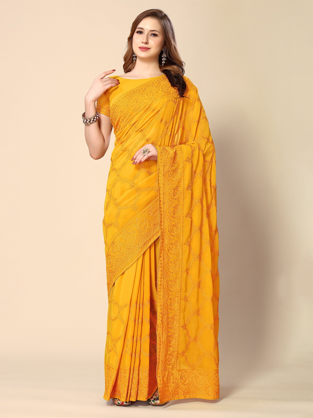 

all about you Mustard Ethnic Motifs Embroidered Pure Georgette Saree