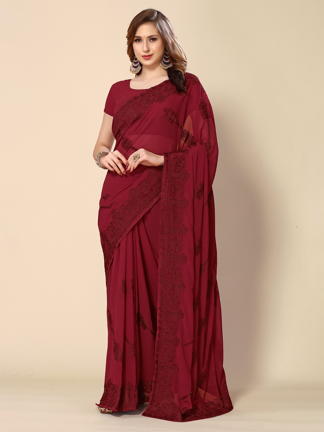 

all about you Ethnic Motifs Embroidered Pure Georgette Saree, Maroon