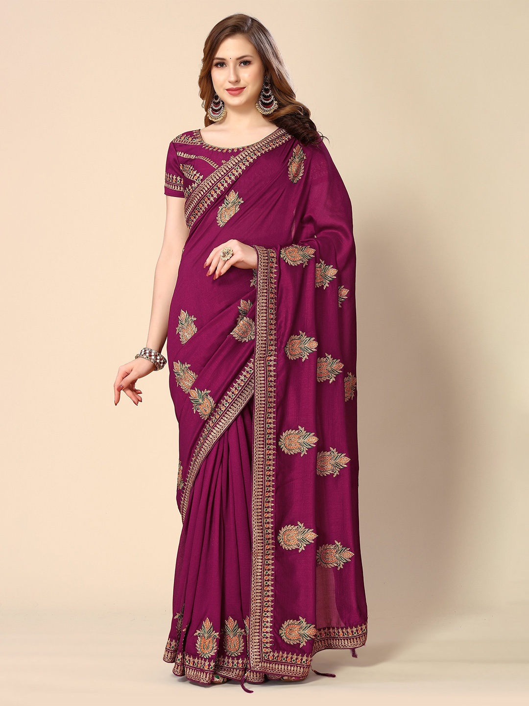 

all about you Ethnic Motifs Embroidered Saree, Purple