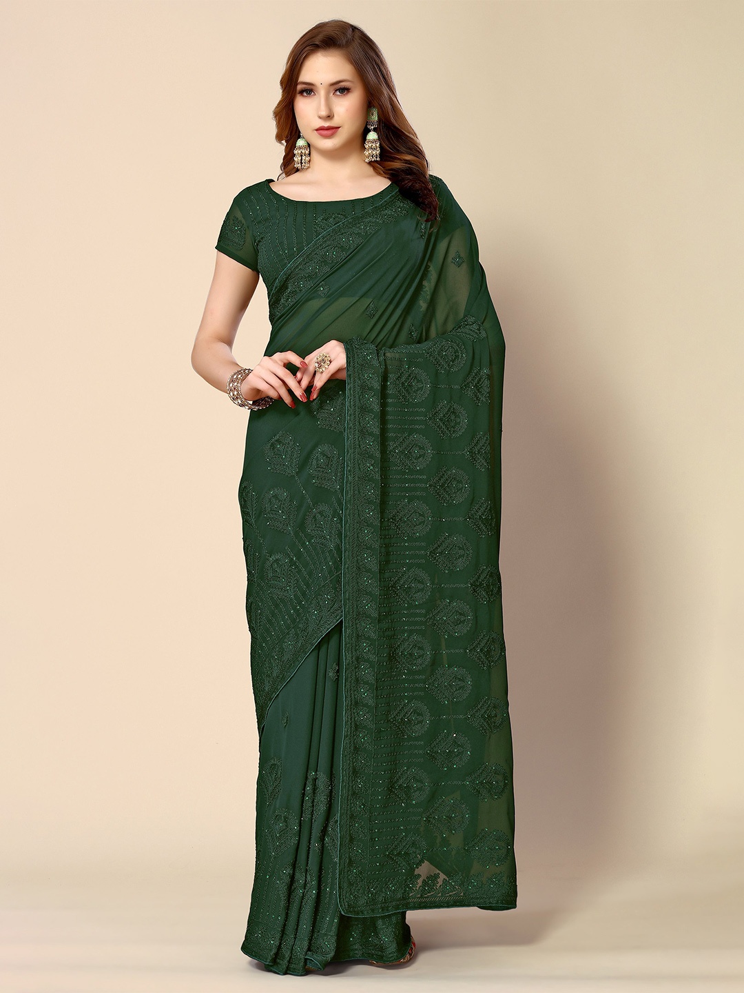

Mitera Ethnic Motifs Embroidered Pure Georgette Saree, Green